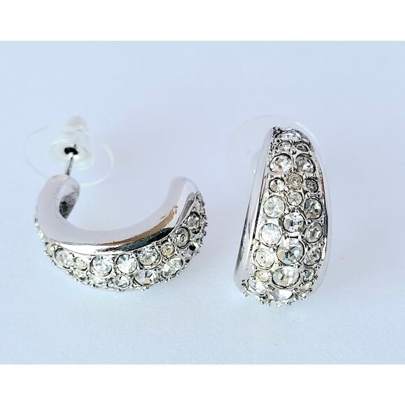 Genuine Swarovski Crystal Half Hoop Earrings Pierced Silver Tone Signed - Picture 4 of 5